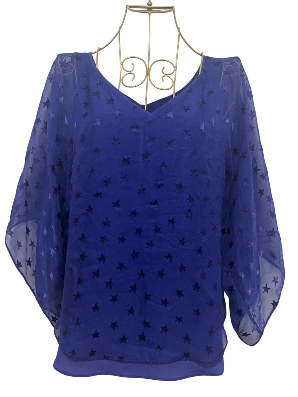 White House Black Market Silk Blend Royal Blue Star-Pattern V-Neck Blouse Size L